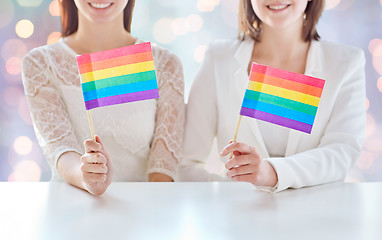 Image showing close up of happy lesbian couple with rainbow flag