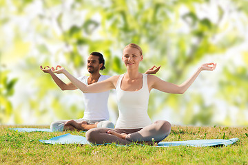 Image showing smiling couple making yoga exercises outdoors