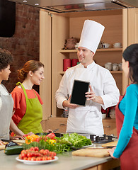 Image showing happy women with chef and tablet pc in kitchen