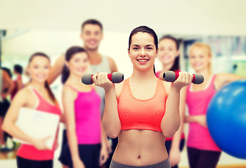 Image showing young sporty woman with light dumbbells