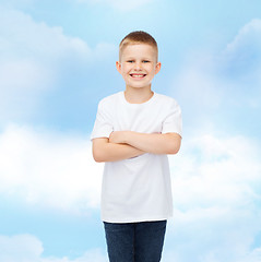 Image showing smiling little boy in white blank t-shirt