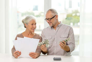 Image showing senior couple with money and calculator at home