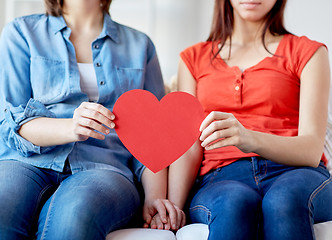 Image showing close up of happy lesbian couple with red hearts