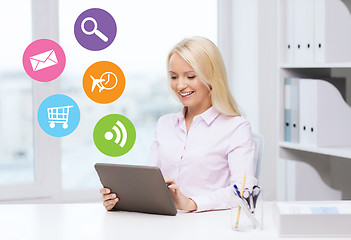 Image showing smiling businesswoman or student with tablet pc