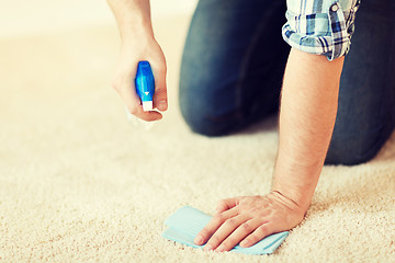 Image showing close up of male cleaning stain on carpet