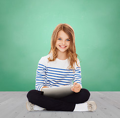 Image showing happy little student girl with tablet pc