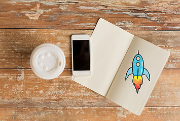 Image showing close up of notebook, coffee cup and smartphone