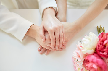 Image showing close up of happy married lesbian couple hands