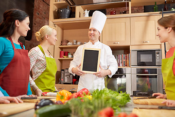 Image showing happy women and chef cook with menu in kitchen