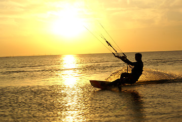 Image showing Kitesurfing and sunset