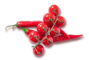 Image showing Branch of cherry tomatoes and two red chili peppers