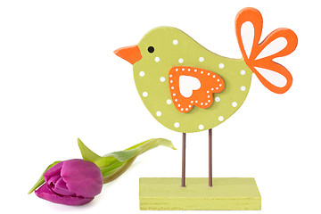 Image showing Wooden bird with tulip