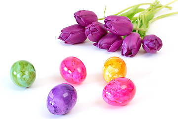 Image showing Easter eggs with tulips