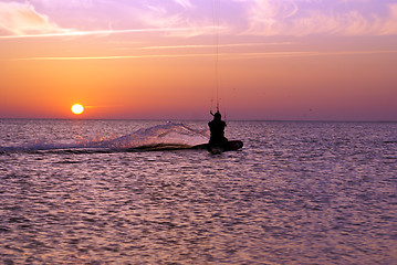 Image showing Kitesurfing and sunset