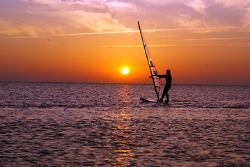 Image showing Windsurfing and sunset