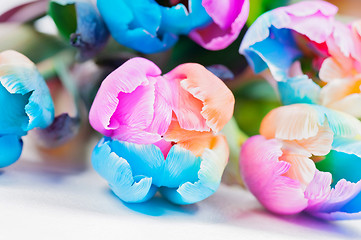 Image showing Bouquet  of strange multicolored tulips