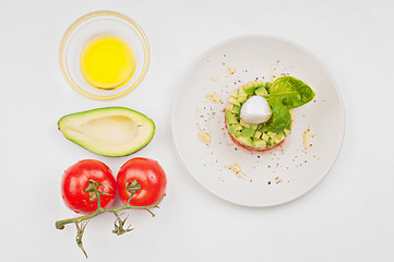 Image showing View from above to the tomatoe, avocado and plate