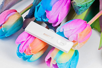 Image showing Multicolored tulips and pregnancy test