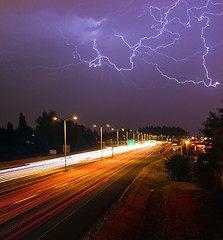 Image showing Thunderstorm Lightning Srikes Over Tacoma Washington I-5 Highway