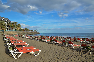 Image showing Empty sunbeds at the beach at Gran Canaria