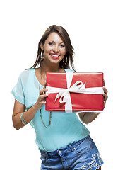 Image showing Happy Woman Holding Red Gift Box