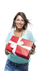 Image showing Happy Woman Holding Red Gift Box