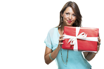 Image showing Happy Woman Holding Red Gift Box