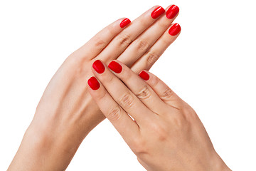 Image showing Woman with beautiful manicured red fingernails