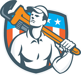 Image showing Plumber Holding Wrench USA Flag Retro