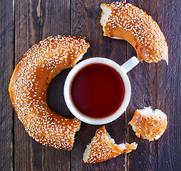Image showing tea and bagel