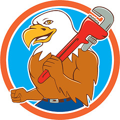 Image showing Bald Eagle Plumber Monkey Wrench Circle Cartoon