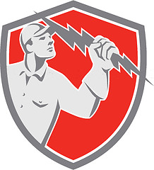 Image showing Electrician Holding Lightning Bolt Shield Retro