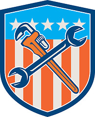 Image showing Spanner Monkey Wrench Crossed USA Flag Shield 