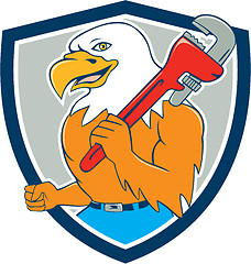 Image showing Bald Eagle Plumber Monkey Wrench Shield Cartoon