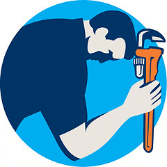 Image showing Plumber Bowing Holding Monkey Wrench Circle Retro