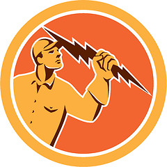 Image showing Electrician Holding Lightning Bolt Circle Retro