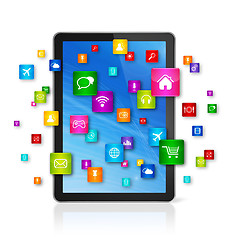 Image showing Digital Tablet pc and flying apps icons