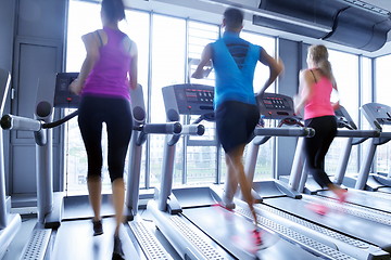 Image showing Group of people running on treadmills