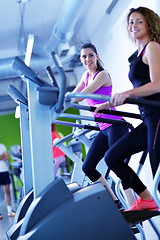 Image showing Group of people running on treadmills