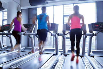 Image showing Group of people running on treadmills