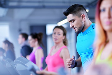 Image showing Group of people running on treadmills