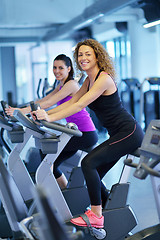 Image showing Group of people running on treadmills