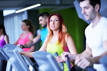 Image showing Group of people running on treadmills