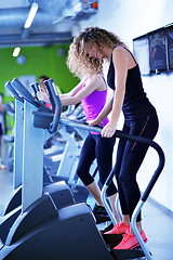 Image showing Group of people running on treadmills