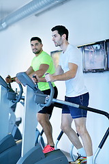 Image showing Group of people running on treadmills