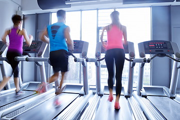 Image showing Group of people running on treadmills