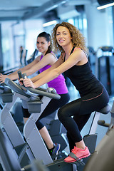 Image showing Group of people running on treadmills