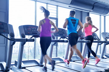 Image showing Group of people running on treadmills