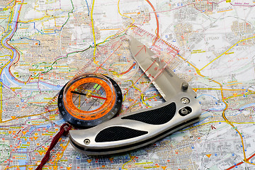 Image showing Compass and knife on a map