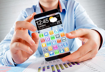 Image showing Smartphone with transparent screen in human hands.